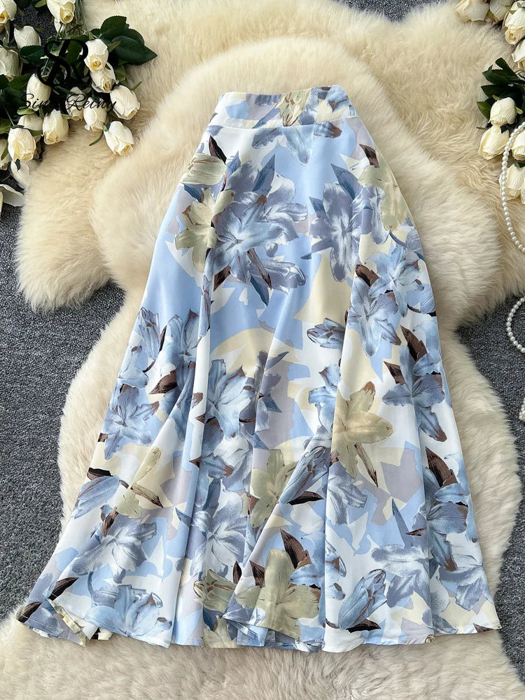 Summer Floral Romantic Skirt Spring High Waist Loose French Style Versatile Women.