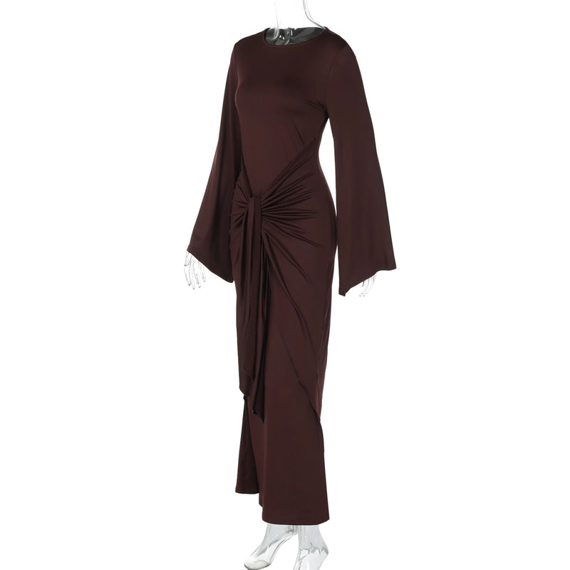 Dulzura Autumn Fashion Elegant O-Neck Long Flare Sleeve Ruched Slim Fit Ribbon.
