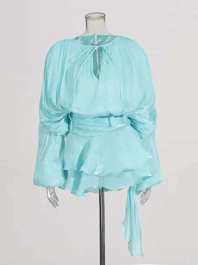 TWOTWINSTYLE Solid Blouse Mini Dresses For Women V Neck Long Sleeve.