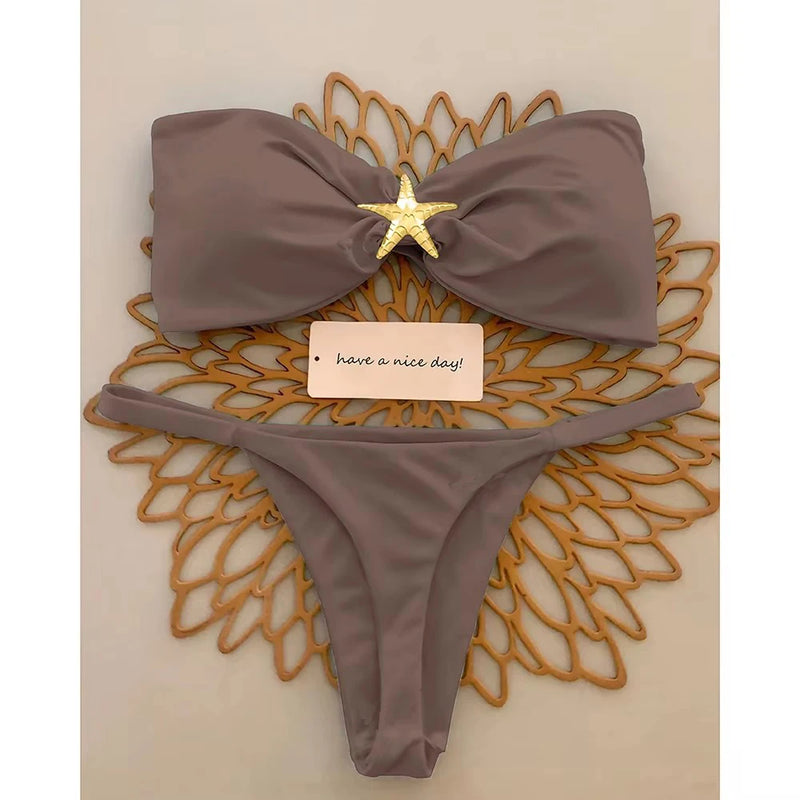 Sexy Bandeau Bikini Set Women Sky Blue Starfish Ornament Push Up.