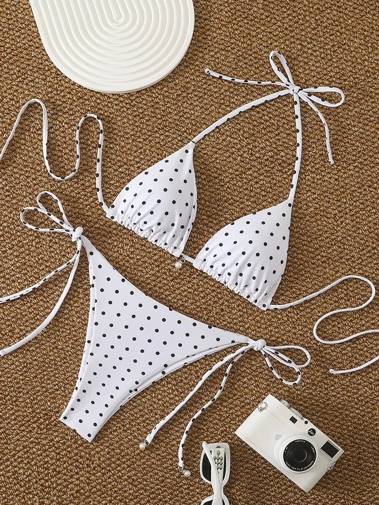 Sexy Micro Bikinis Sets Pearl Dot Print Swimwear Bathing Suit Woman.