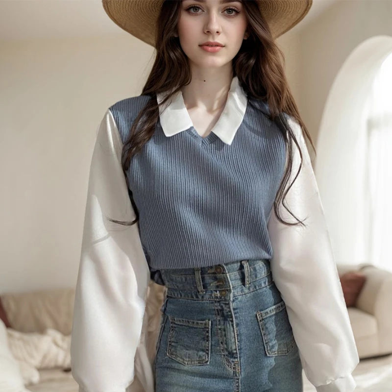 Streetwear Loose Pullovers Top Shirt Casual False Two-piece Patchwork.