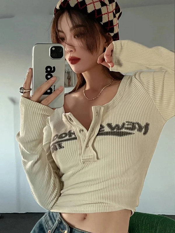 Retro Graffiti Print Elastic T Shirt Women Sexy Slim Crop Top Ribbed.