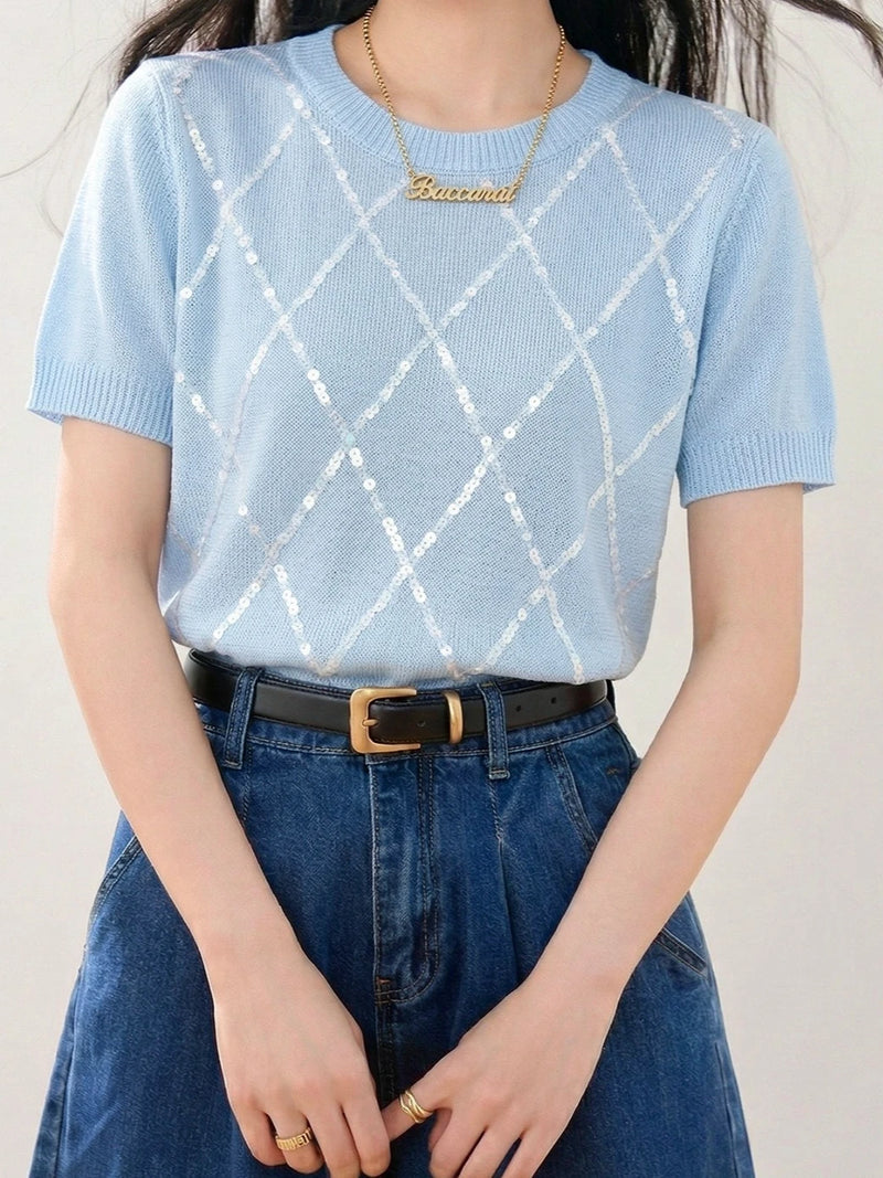 Retro Women's Sequined Diamond Cutout Short Sleeve T-Shirt Fashionable.