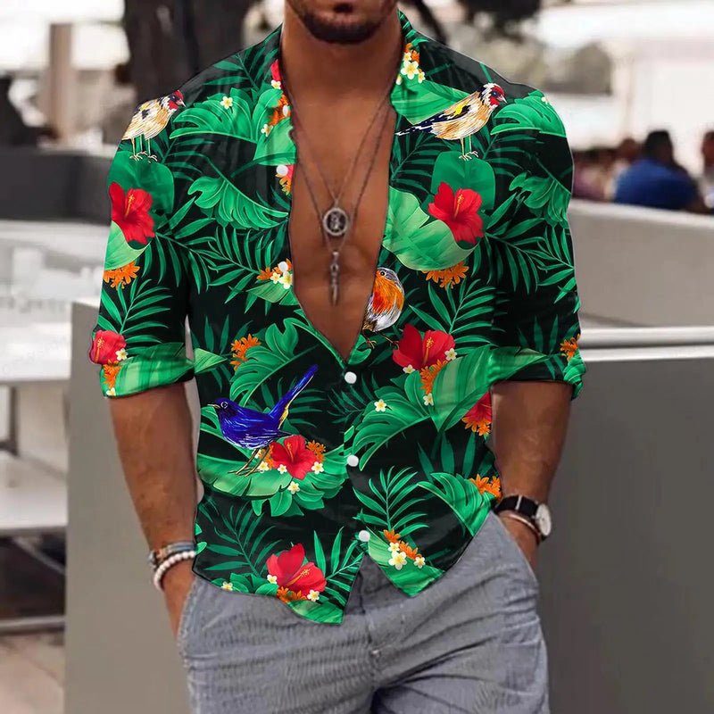 New Trend Men's Shirts Casual Floral Printed Lapel Button Long Sleeve.