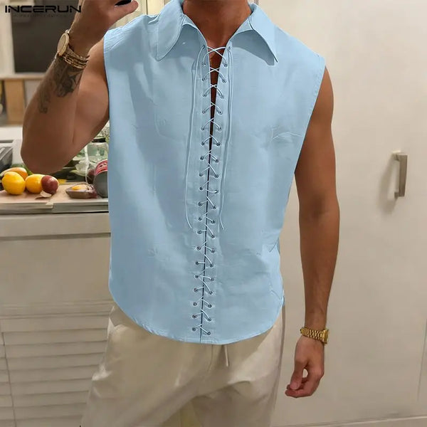 INCERUN Men's Shirt Solid Lapel Sleeveless Lace Up Men Clothes Summer.
