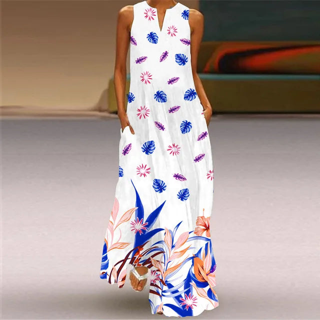 3D Floral Printed Dress Summer Vintage V-neck Sleeveless Loose Maxi Dress Elegant.