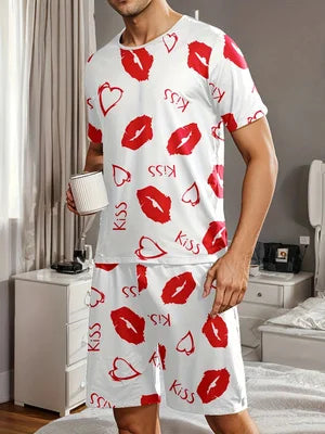 Men's pajama set with lips, "kiss", and heart-shaped prints.