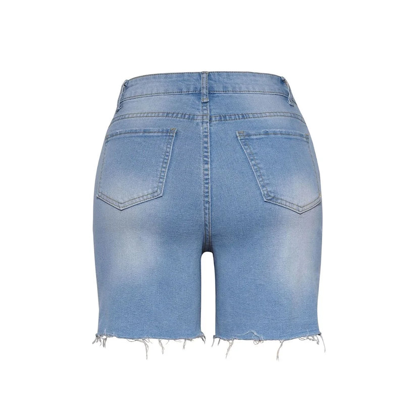 Women Summer Street Denim Shorts High Waist Ripped Hole Stretch Jean.