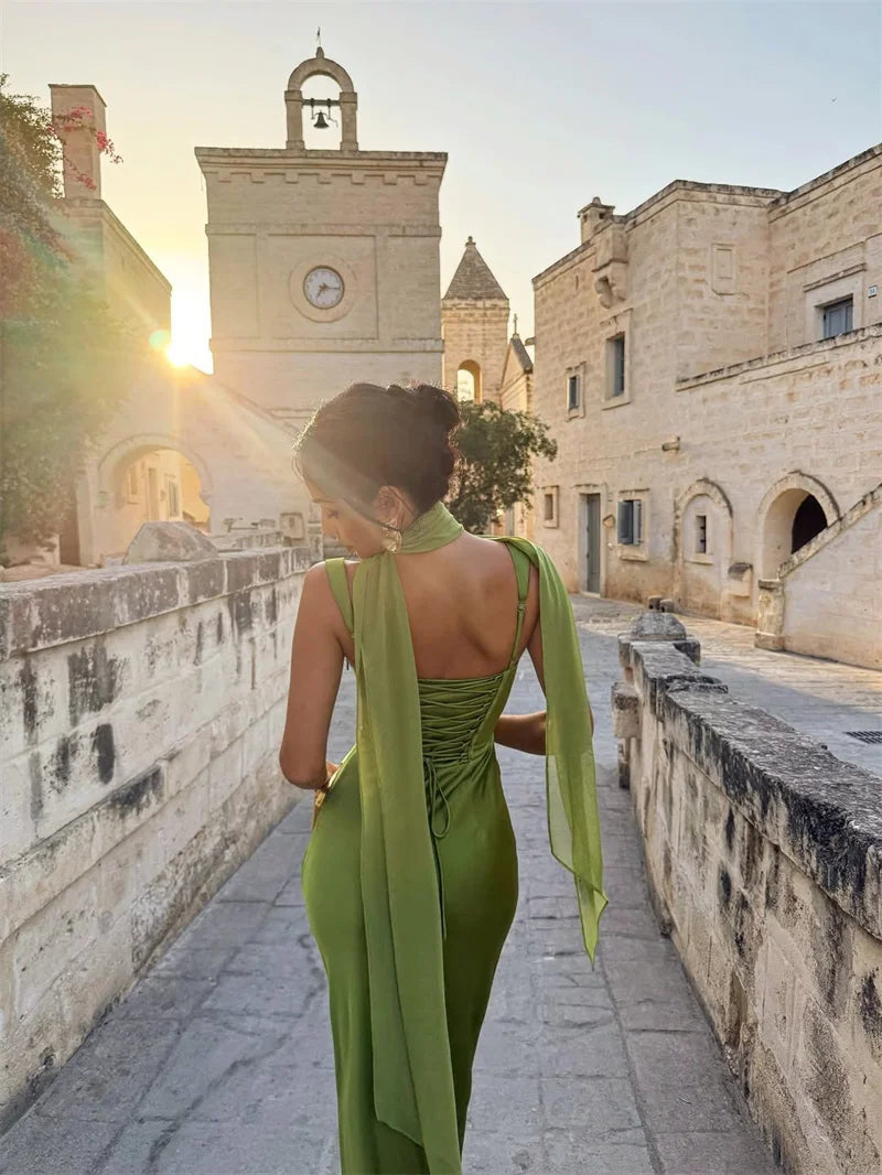 Mozision Satin Backless Sexy Maxi Dress Women Elegant.