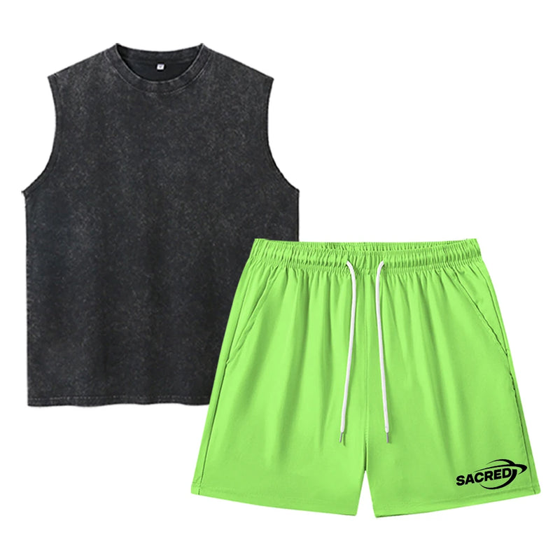 Men's Sportswear Set Washed Vest And Drawstring Shorts Two-Piece.