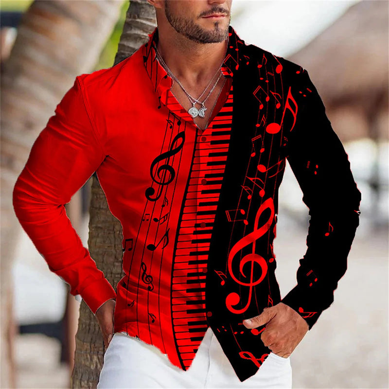 Summer Men's Long Sleeves Shirt with Musical Instrument Symbol Pattern Printed.