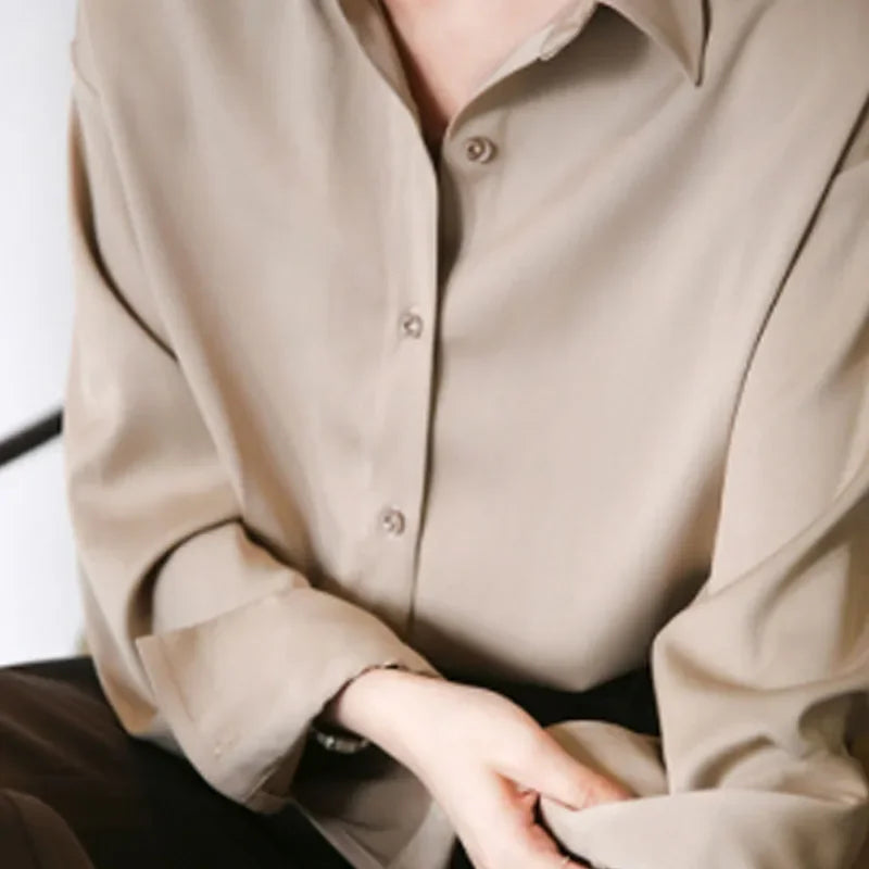 Elegant Satin Loose Women Shirt Spring Turn-down Collar Ladies Blouse.
