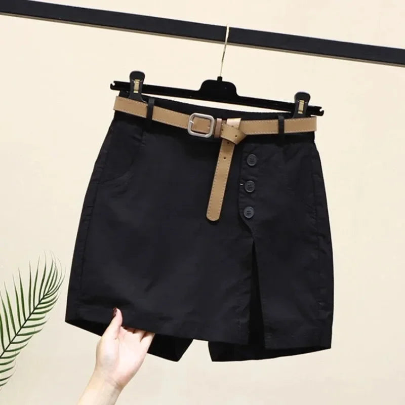 Solid Shorts Women Korean Fashion High Waist Side-slit Button Designed Chic.