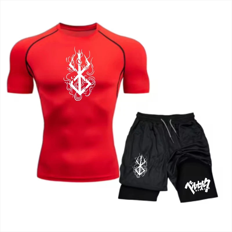 Men's Summer Gym Training Athletic Set - Short-Sleeve Compression Undershirt.