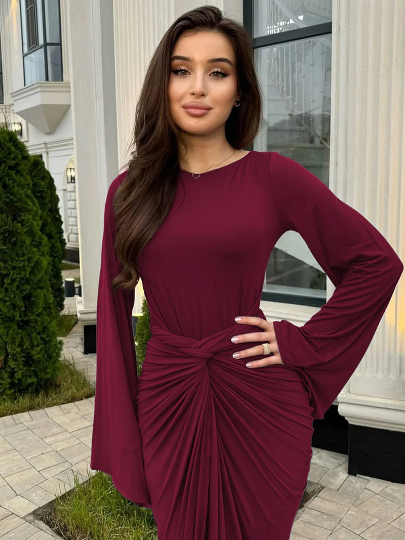 Dulzura Autumn Fashion Elegant O-Neck Long Flare Sleeve Ruched Slim Fit Ribbon.
