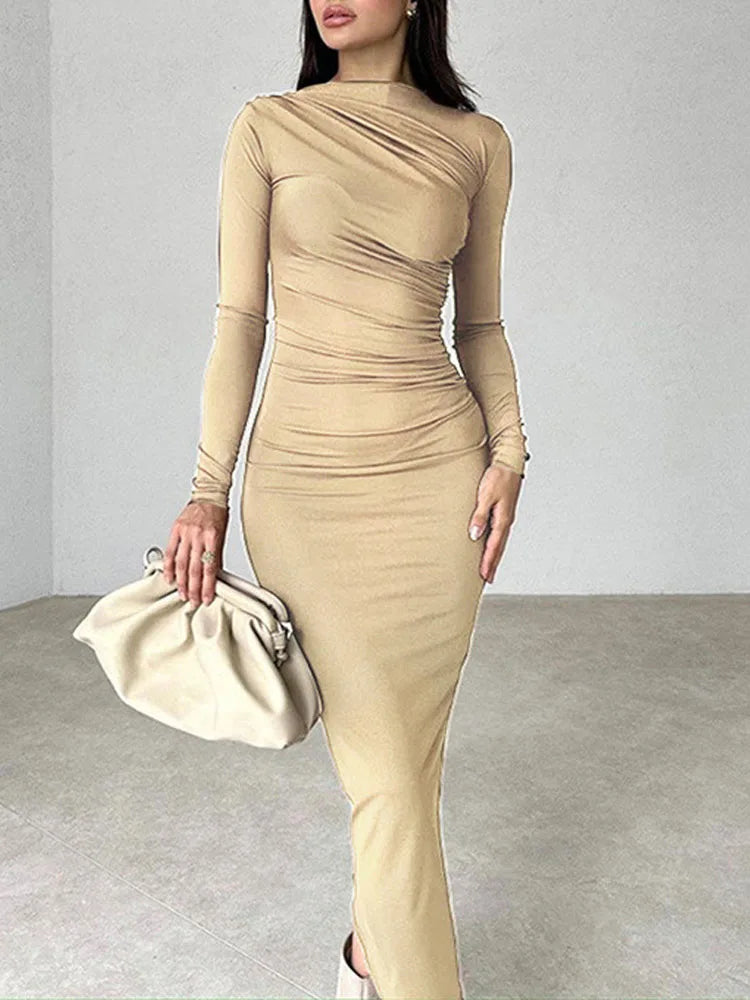 Women’s Elegant Solid Black Bodycon Maxi Dress.