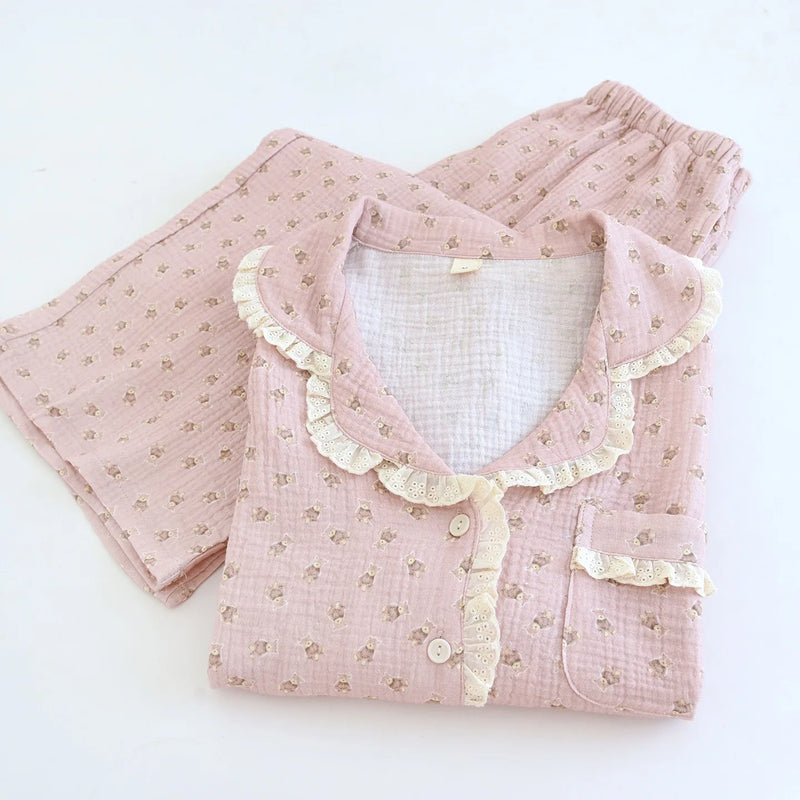Cotton Gauze Women Pajamas Sleepwear Female 2 Piece Set.