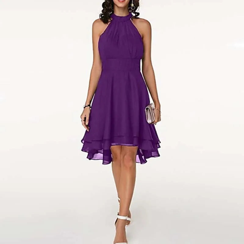 Women’s Elegant Dress Summer Solid High Waist Halter Sleeveless Midi Dresses.