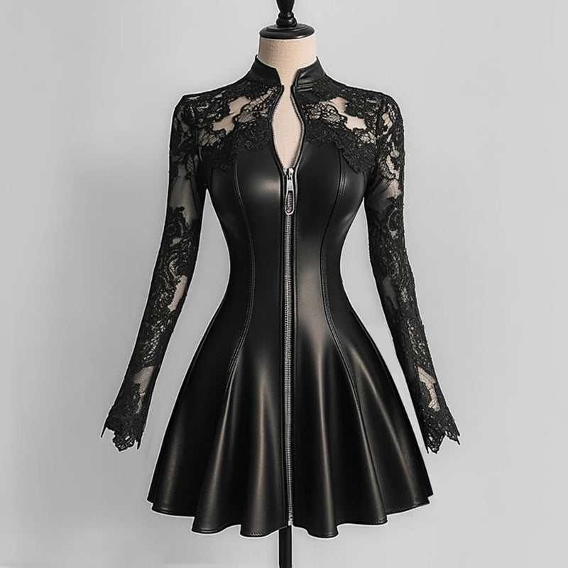 Women’s Fashilonable PU Leather Lace Patchwork Waist-Cinching Dress.