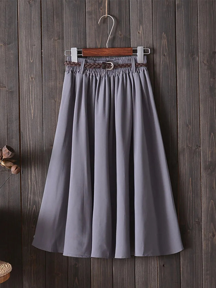 Midi Knee Length Summer Skirt Women With Belt Fashion Korean Ladies.