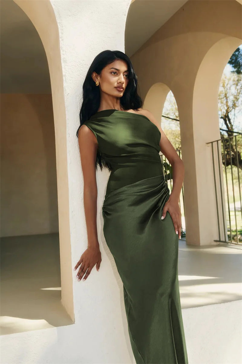 Women’s Mozision Satin Inclined Shoulder Sexy Maxi Dress.