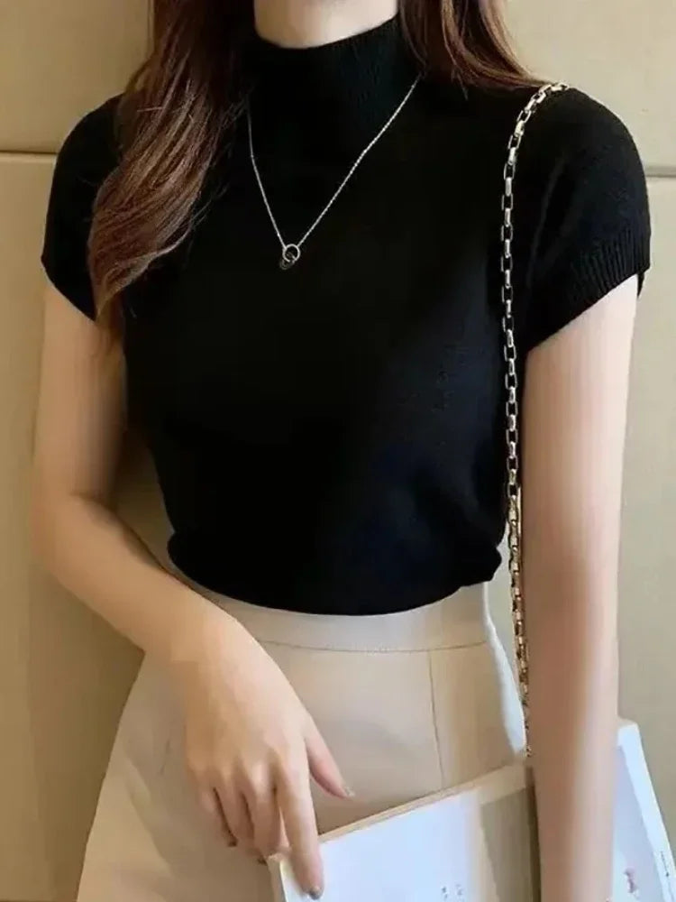 Women's Half-High Neck T-Shirt Fashion Jumper Casual Tops.
