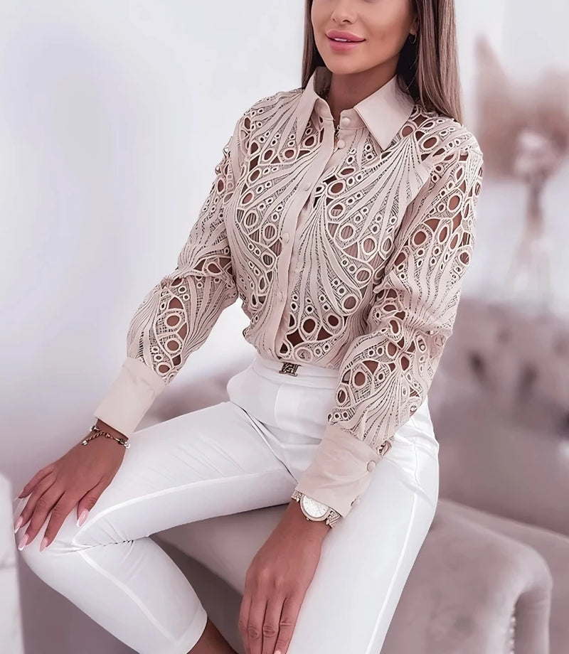 Women's Blouses Hollowed Out Long Sleeved Shirt Casual Solid Button Up.