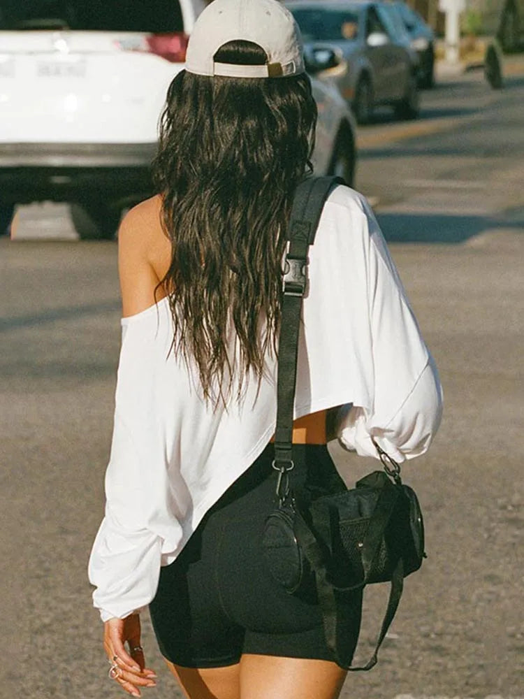 Women's Vintage 2000s White Long Sleeve Off-Shoulder Crop Top Streetwear.