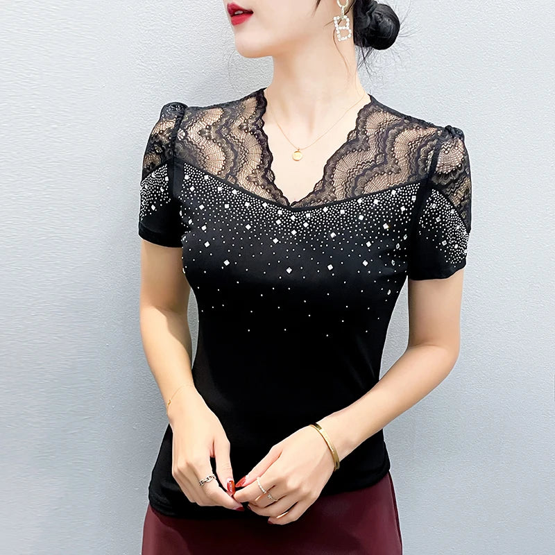 Summer Women Tops New Korean Fashion Diamond Mesh T Shirt V-neck.