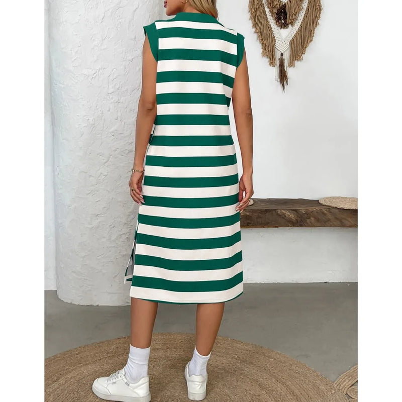 Women's Striped Pocket Lapel Sleeveless Long Dress Fashion.