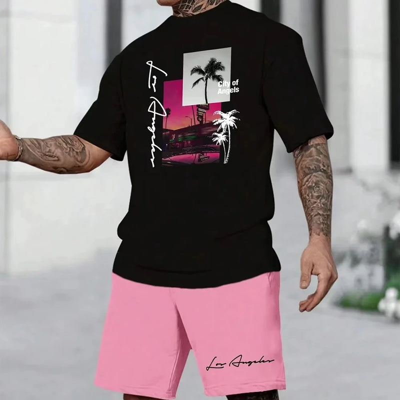Men's Suit Hawaiian Gradient Coconut Print Suit Summer Beach T-Shirt and Pants 2 Piece.