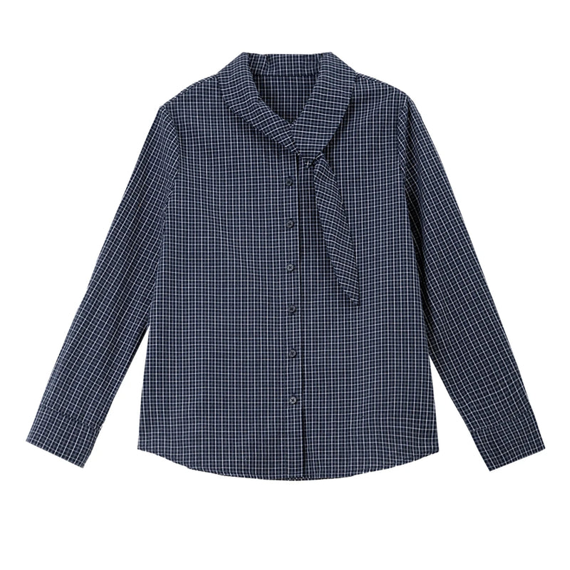 Women's Plaid Cotton Shirt Spring Fall Navy Blue Button Down Long Sleeve.
