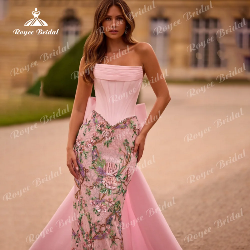 Luxurious Straples Mermaid Prom Dress Satin Beaded Detachable Train Bow.