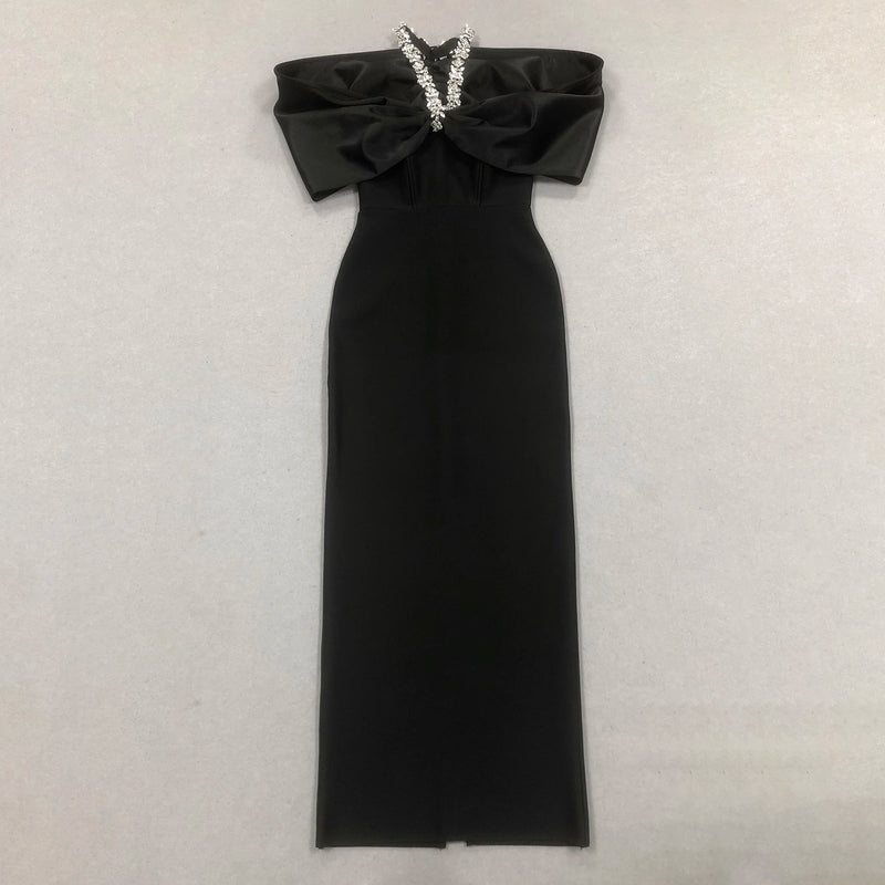 Red Black Women Sexy Halter Off the Shoulder Crystal Ruffles Bodycon Long Bandage Dress.