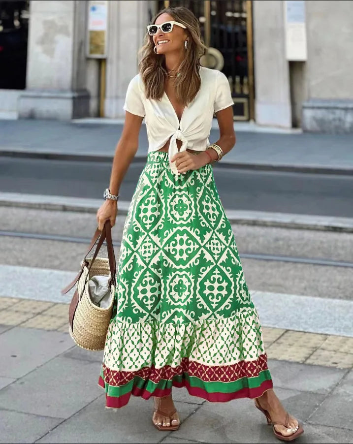 Women's Elastic Waist Printed Large Swing Skirt, Boho Spliced Midi Skirt.