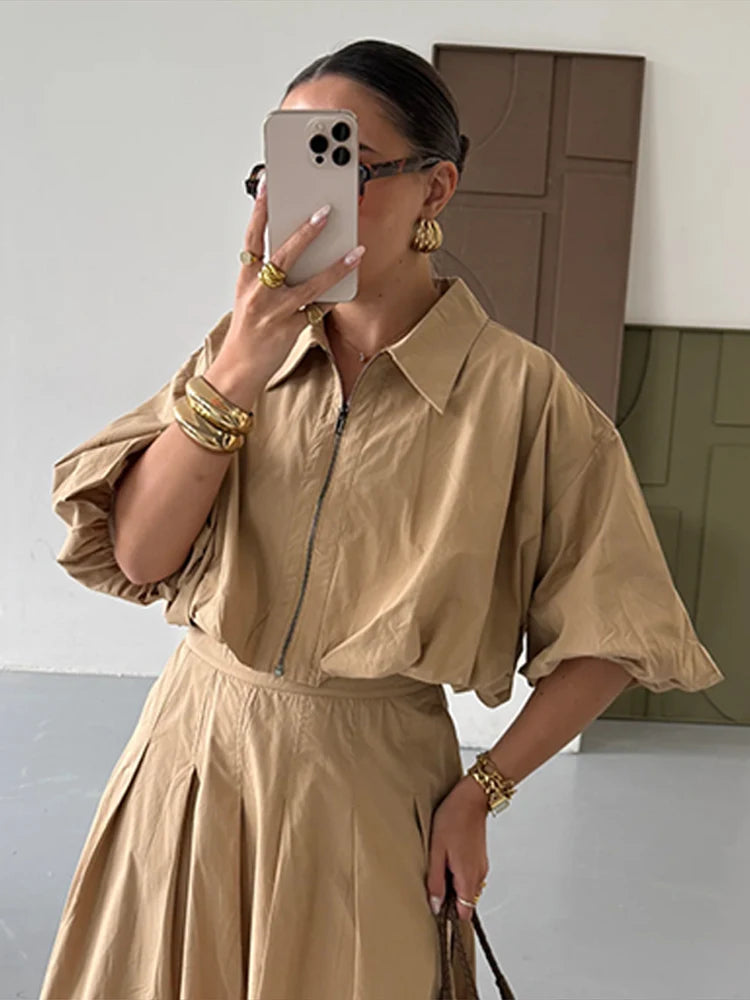Spring Short Top Women 2 Pieces Set Elegant Turn-down Puff Sleeve Zipper.