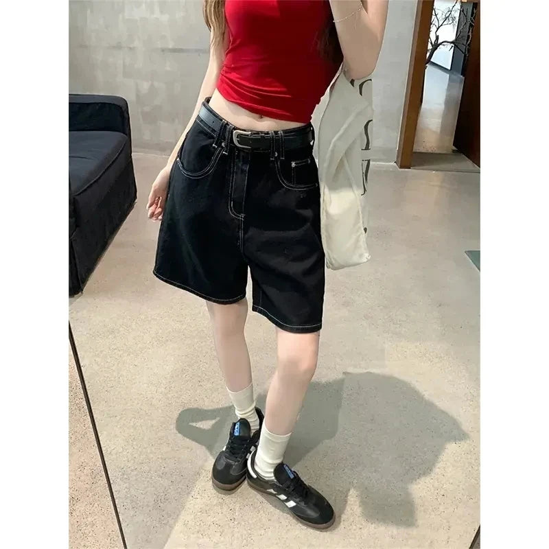 High-Waisted Straight-Leg Jeans Shorts for Women Summer.