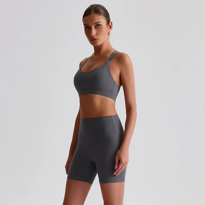 Solid Color Gym Yoga Set Short Legging Cross Back Shoulder Strap Sport Bra Tracksuit Women.