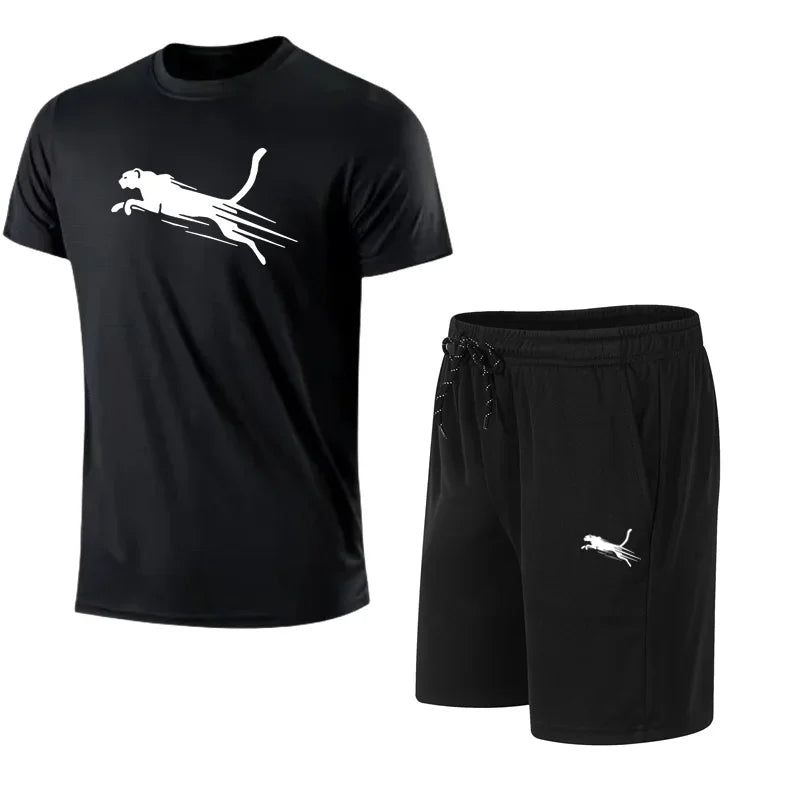 Summer Men's Running Set Cheetah Print Casual T-shirt And Shorts Two-Piece.