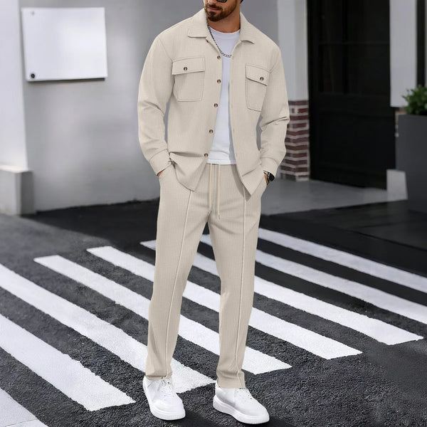 Men's solidcolor waffle longsleeved pants set high quality fashionable comfortable.