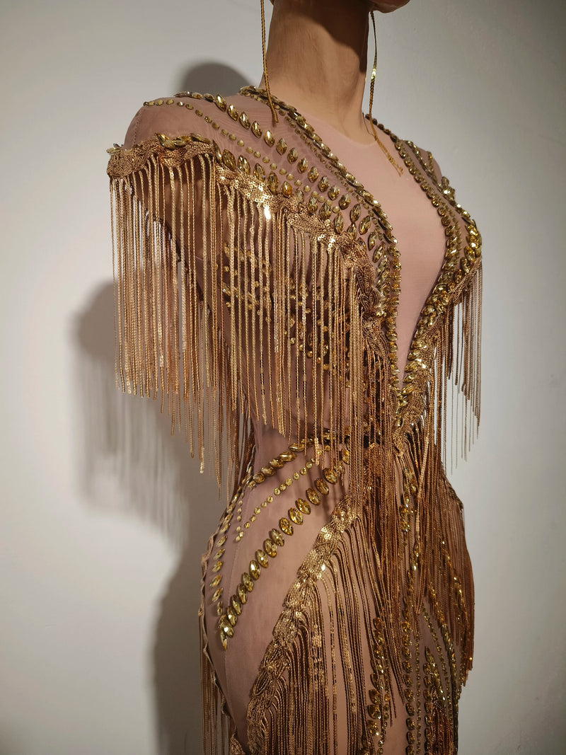 Women Sexy Mesh Sparkly Rhinestone Tassels Stretch Long Dress.