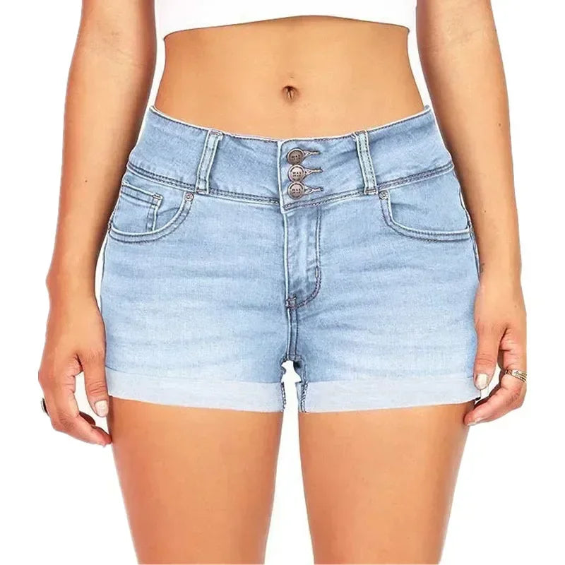 Women's Summer Fashion Waistband Denim Stretch Fabric Shorts.