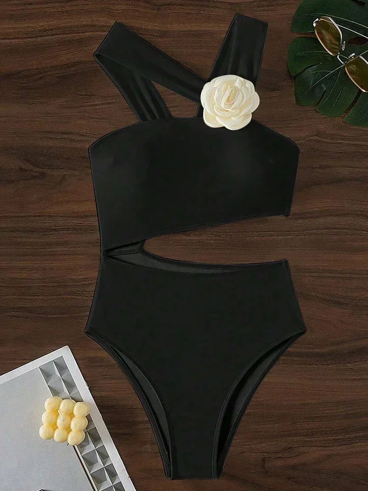 3D Flower Solid One-shoulder Swimwear Women Sexy Push UP Hollow One Piece.