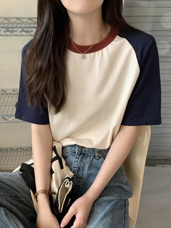 Summer Tops for Women Tshirt Turn Down Collar Short Sleeve Beige Blue Chic.