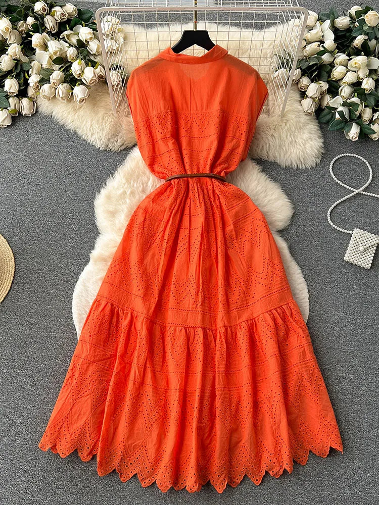 Women Summer Dress Loose Breasted Lace Up Long Dress.