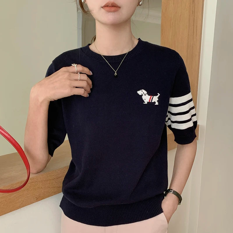 Women's T-shirt casual striped knit pullover short sleeved loose round neck.