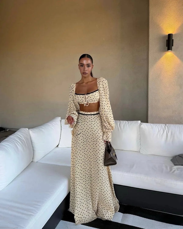 Sexy Polka Dot Tank Top Skirt Women Set Beach Long Lantern Sleeve Tops.
