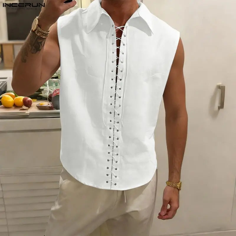 INCERUN Men's Shirt Solid Lapel Sleeveless Lace Up Men Clothes Summer.