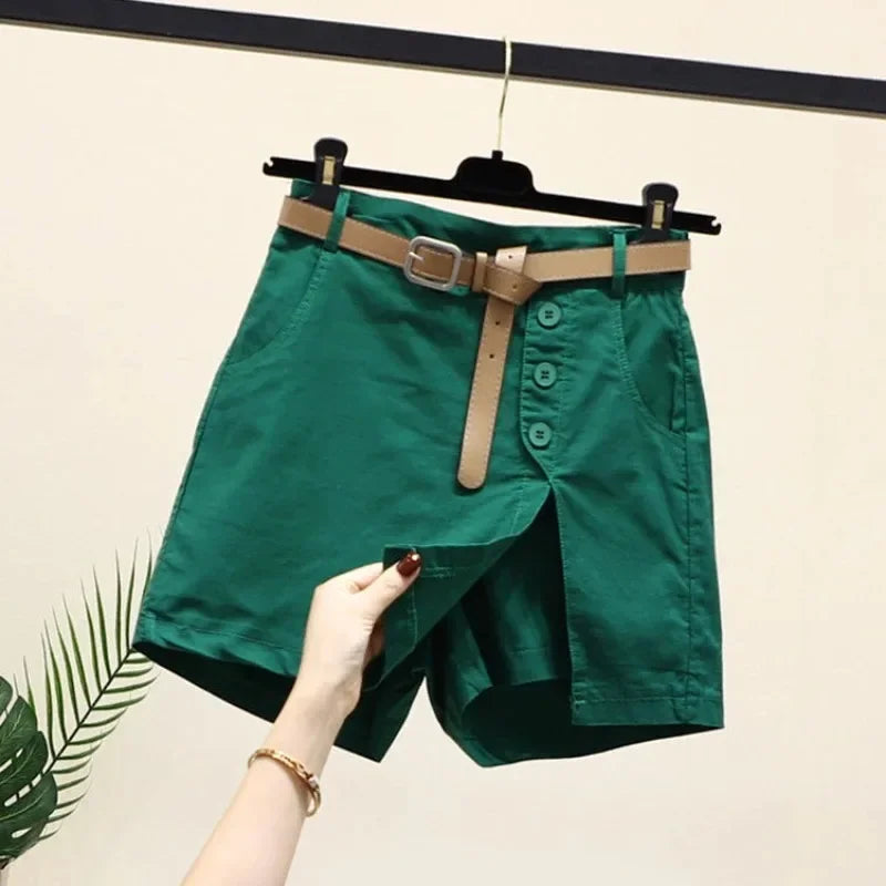 Solid Shorts Women Korean Fashion High Waist Side-slit Button Designed Chic.